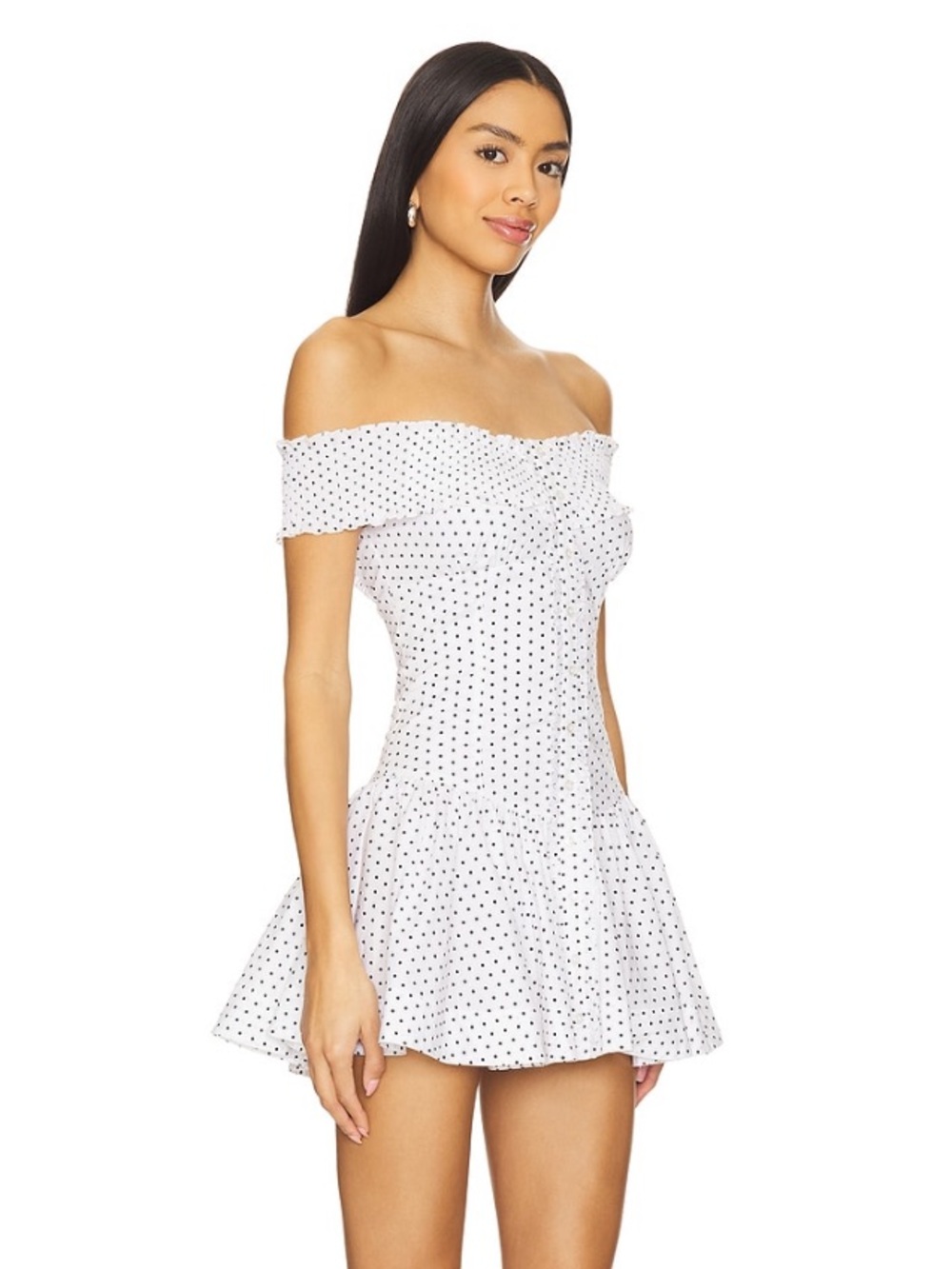 Frankie's Bikinis White Polka Dot Off-Shoulder Mini Dress - Picture 3 of 4